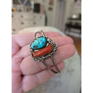 Turquoise Coral Navajo Cuff Blue Red Sterling Silver Unsigned Small Wrists